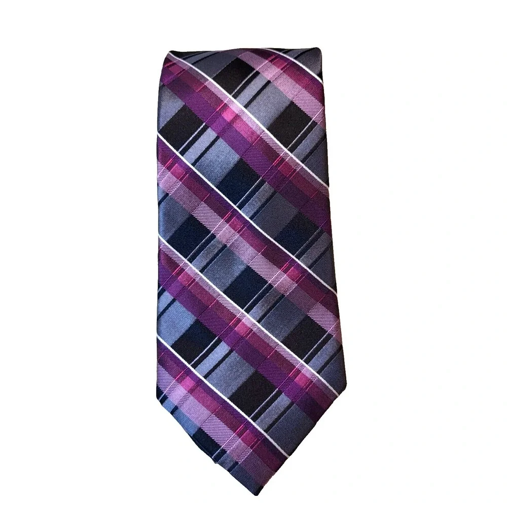 Arrow Plaid Black Purple Gray Textured 100%‎ Silk Pointed Tie